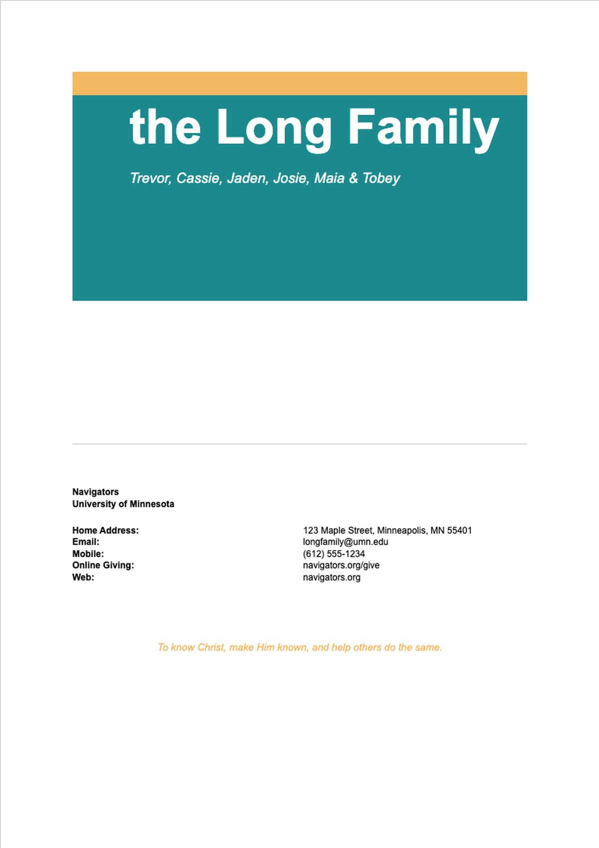 Personalized family letterhead with teal header and Navigators University of Minnesota footer_variant_2